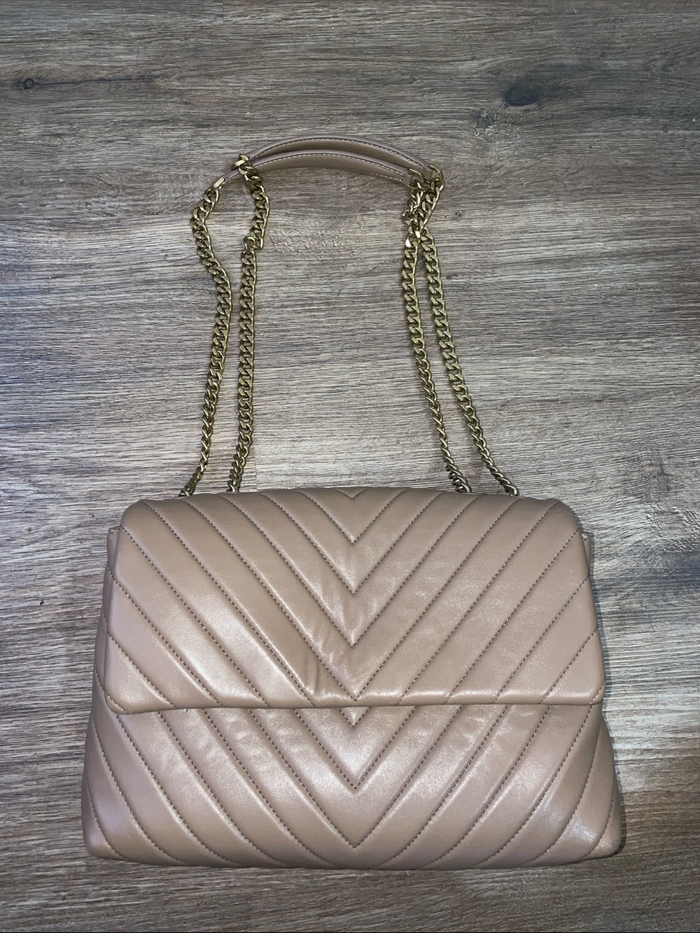 Quince Italian Leather Quilted Crossbody bag in Taupe with a gold chain strap